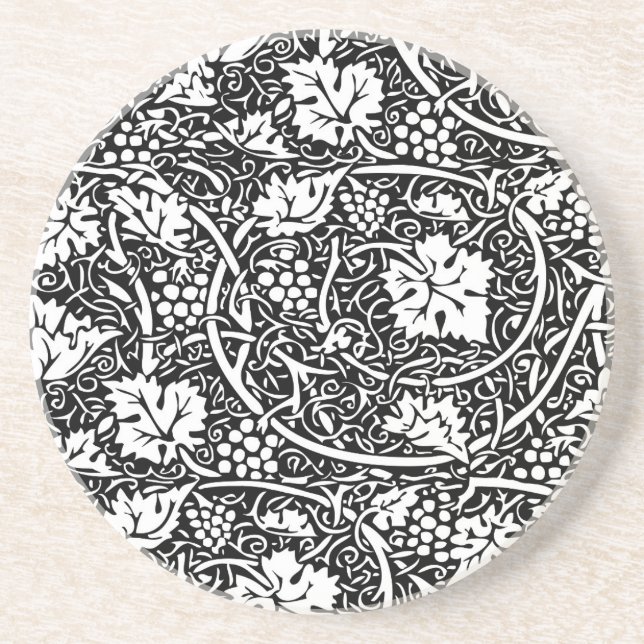 William Morris Black White Grape Vine Pattern Coaster (Front)