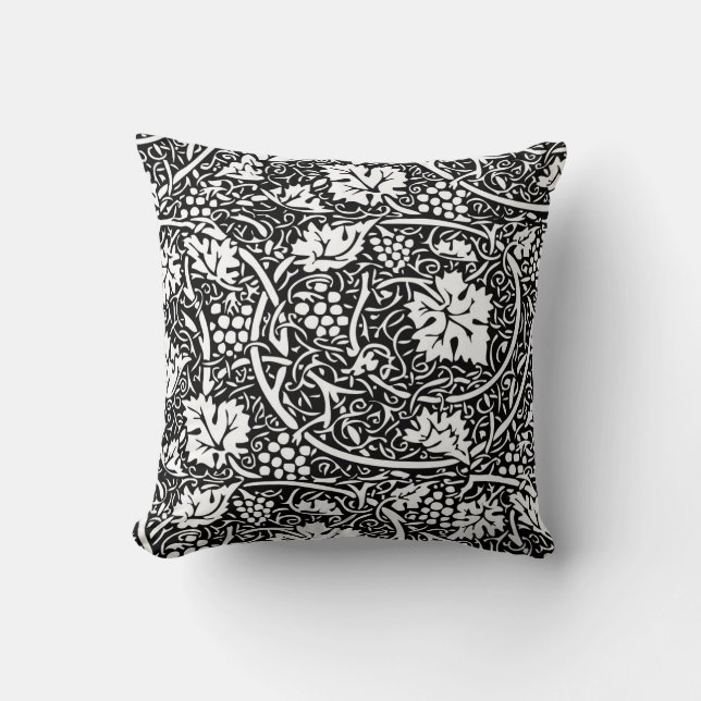 William Morris Black White Grape Vine Pattern Cushion (Front)
