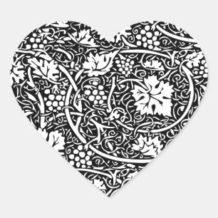 William Morris Black White Grape Vine Pattern Heart Sticker