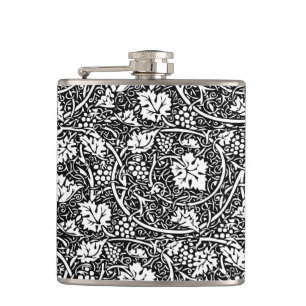William Morris Black White Grape Vine Pattern Hip Flask