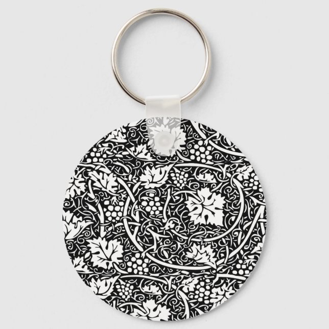 William Morris Black White Grape Vine Pattern Key Ring (Front)