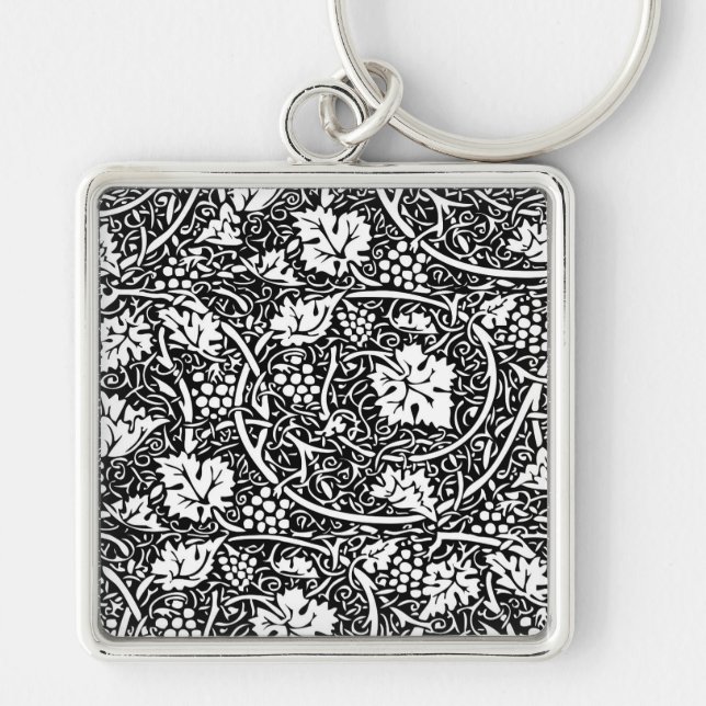 William Morris Black White Grape Vine Pattern Key Ring (Front)