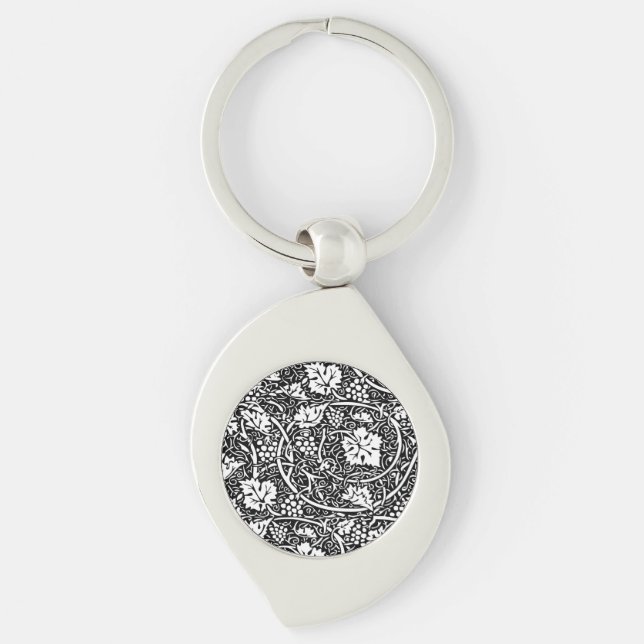 William Morris Black White Grape Vine Pattern Key Ring (Front)