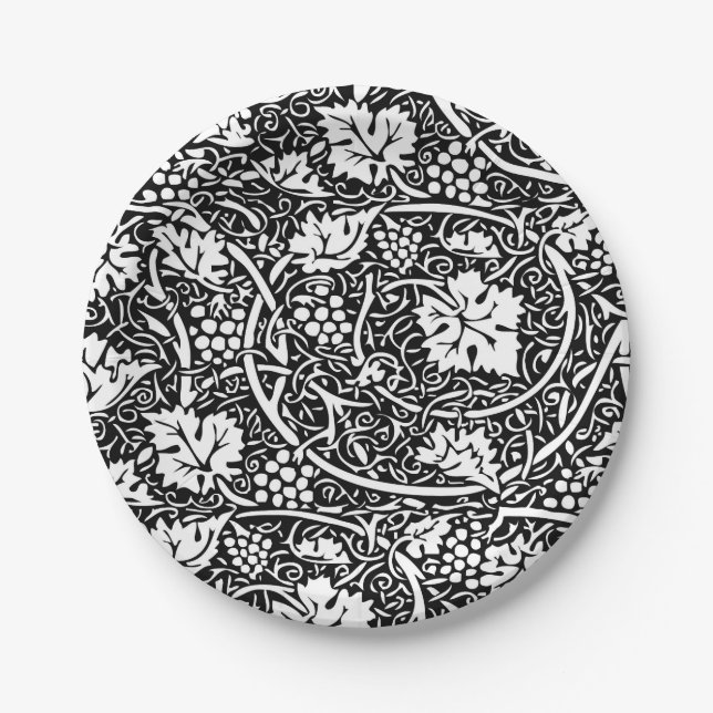 William Morris Black White Grape Vine Pattern Paper Plate (Front)