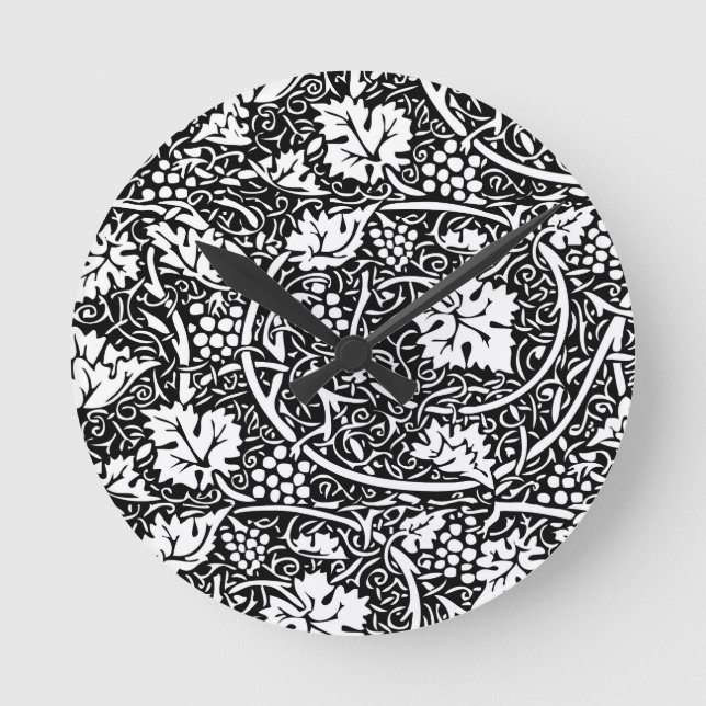 William Morris Black White Grape Vine Pattern Round Clock (Front)