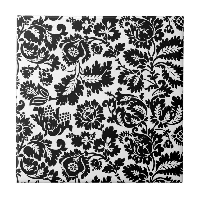 William Morris Black White Venetian Floral Pattern Ceramic Tile (Front)