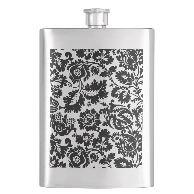 William Morris Black White Venetian Floral Pattern Hip Flask (Front)