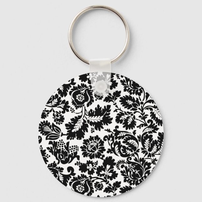 William Morris Black White Venetian Floral Pattern Key Ring (Front)