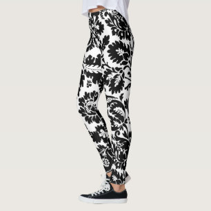 William Morris Black White Venetian Floral Pattern Leggings