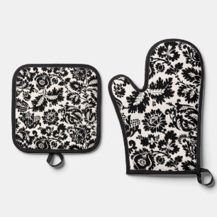 William Morris Black White Venetian Floral Pattern Oven Mitt & Pot Holder Set