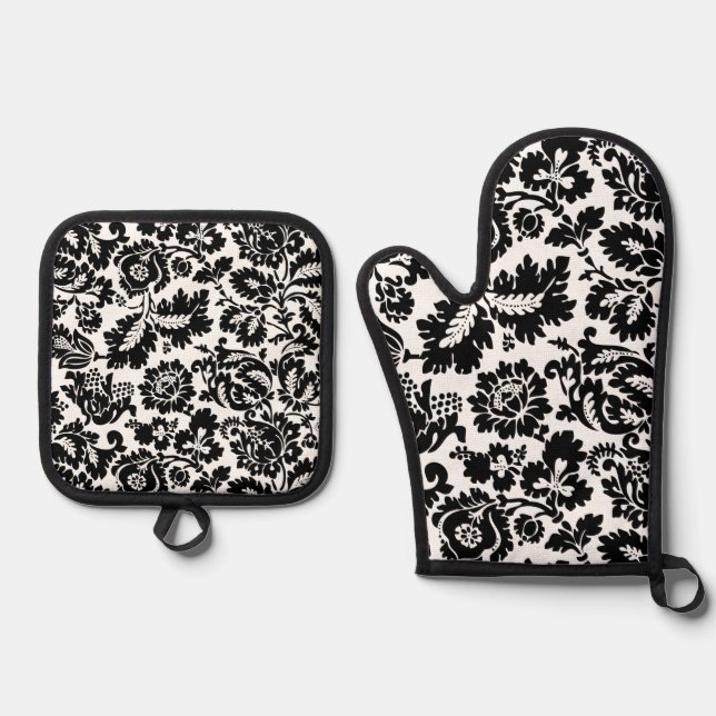 William Morris Black White Venetian Floral Pattern Oven Mitt & Pot Holder Set (Front)