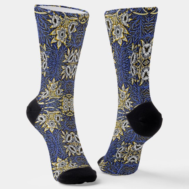 William Morris Blue and Gold Tulip Willow Design Socks (Angled)