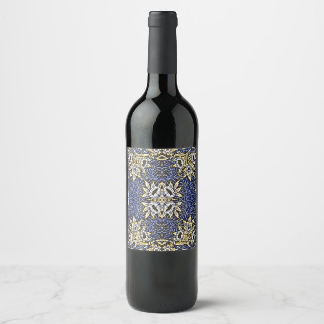 William Morris Blue and Gold Tulip Willow Design Wine Label (Front)