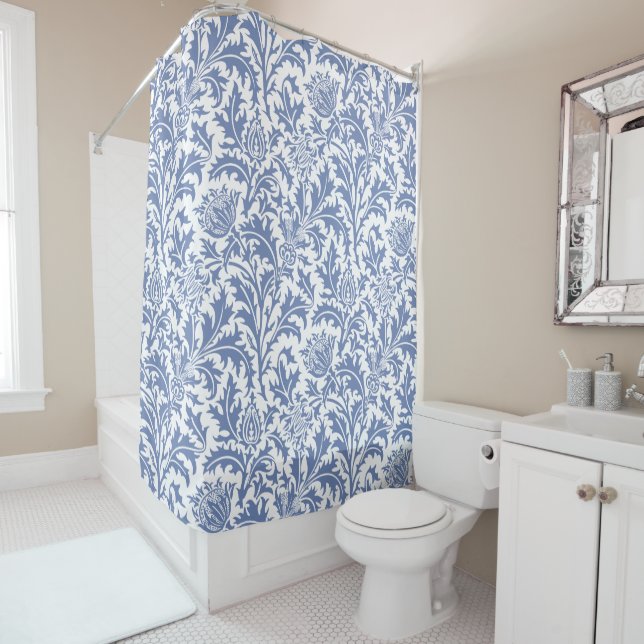 William Morris Blue and White Thistle Custom Shower Curtain (In Situ)