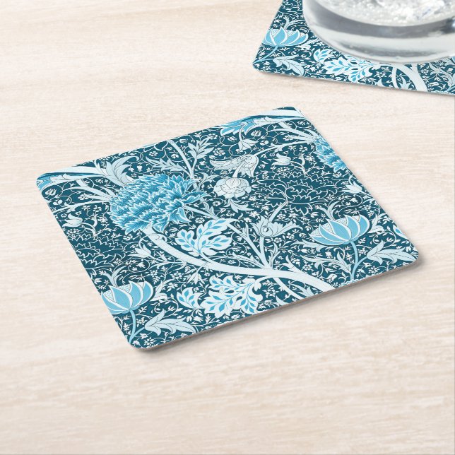 William Morris Blue Floral Pattern Pre-Raphaelites Square Paper Coaster (Angled)
