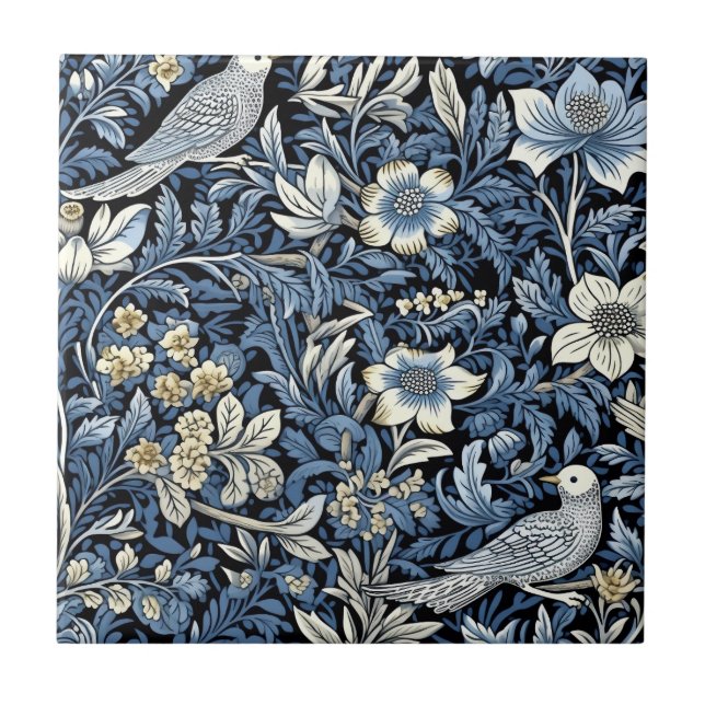William Morris Blue Foliage Pattern Wallpaper Ceramic Tile (Front)