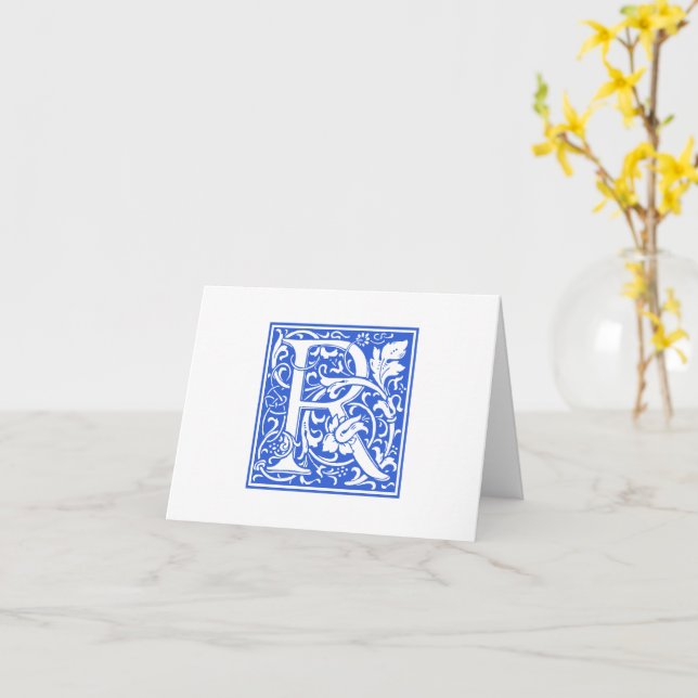 William Morris Blue Initial R Card & Envelope (Yellow Flower)