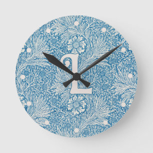 William Morris Blue Marigold Monogram 1 Round Clock