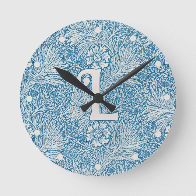 William Morris Blue Marigold Monogram 1 Round Clock (Front)