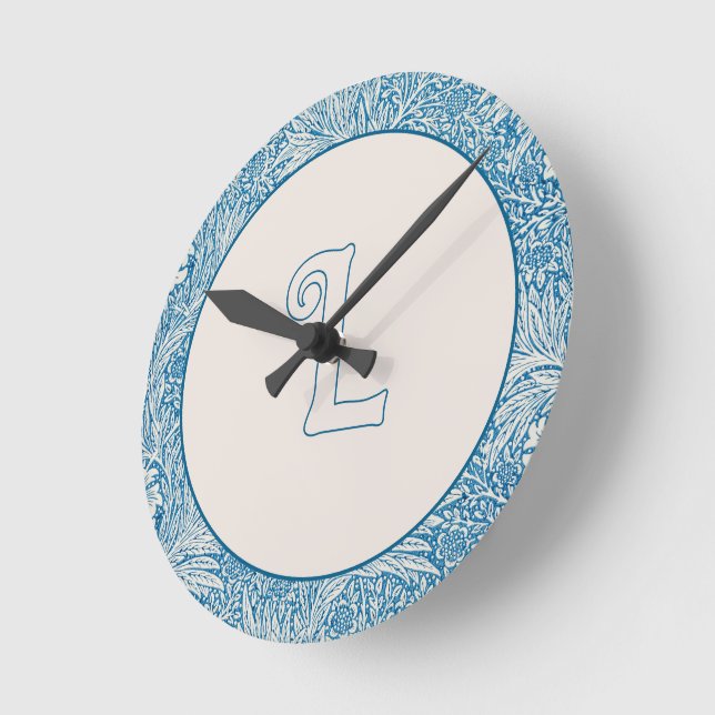 William Morris Blue Marigold Monogram 2 Round Clock (Angle)