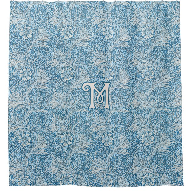 William Morris Blue Marigold Monogram Shower Curtain (Front)
