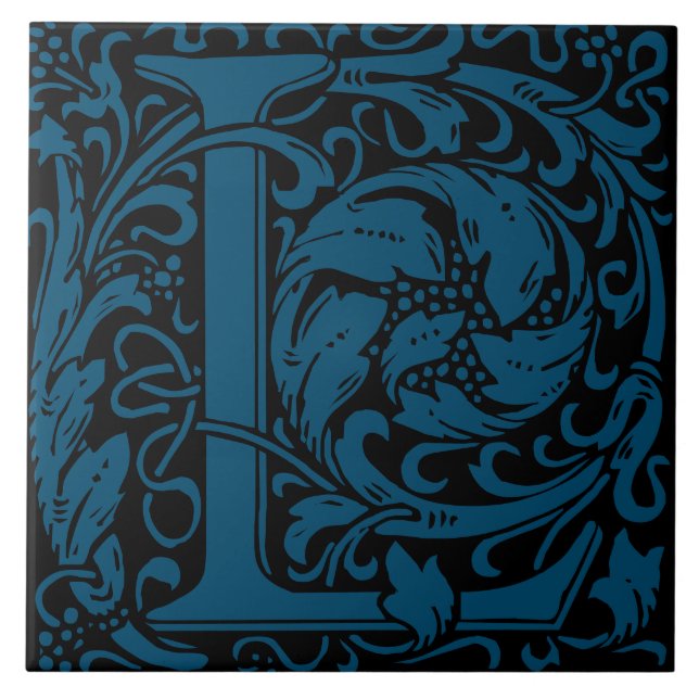 William Morris Blue Monogrammed Letter L Ceramic Tile (Front)