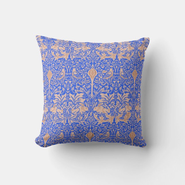 William Morris Blue Tan Rabbits Patterned Damask Cushion (Front)