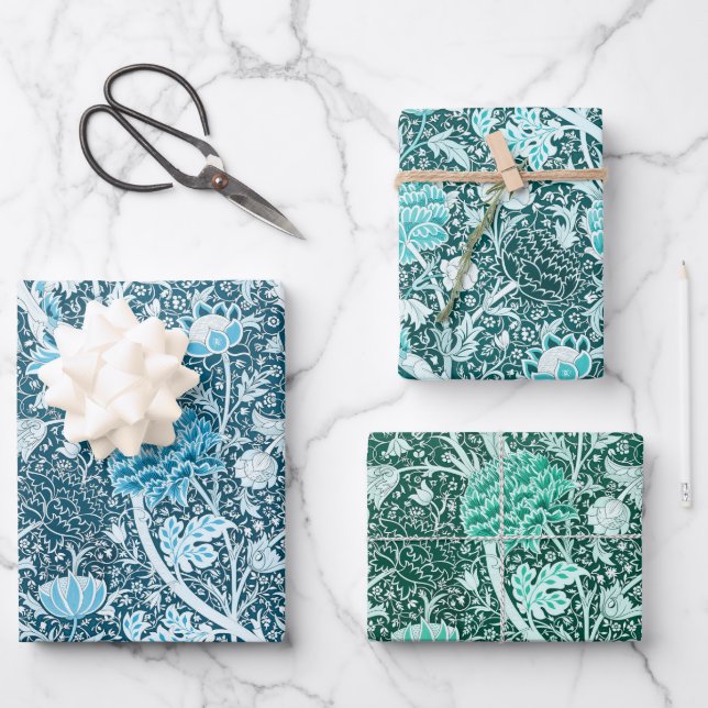 William Morris Blue Teal Green Floral Pattern Wrapping Paper Sheet (Front)