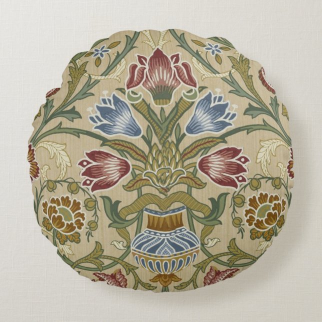 William Morris Brocade Floral Wallpaper Pattern Round Cushion (Front)