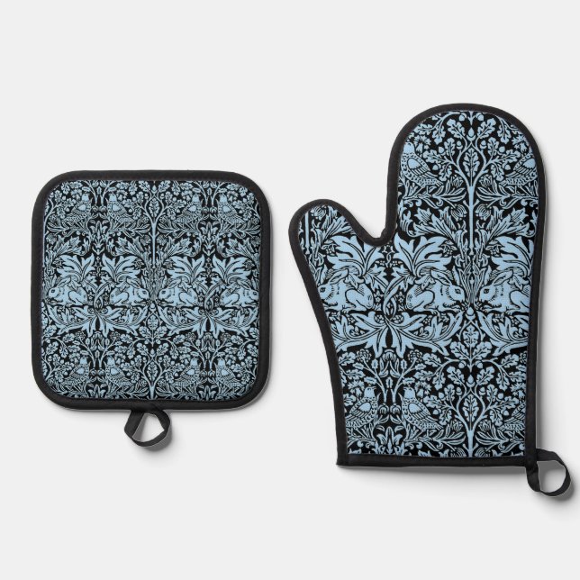 William Morris Brother Rabbit Light Blue Black Oven Mitt & Pot Holder Set (Front)