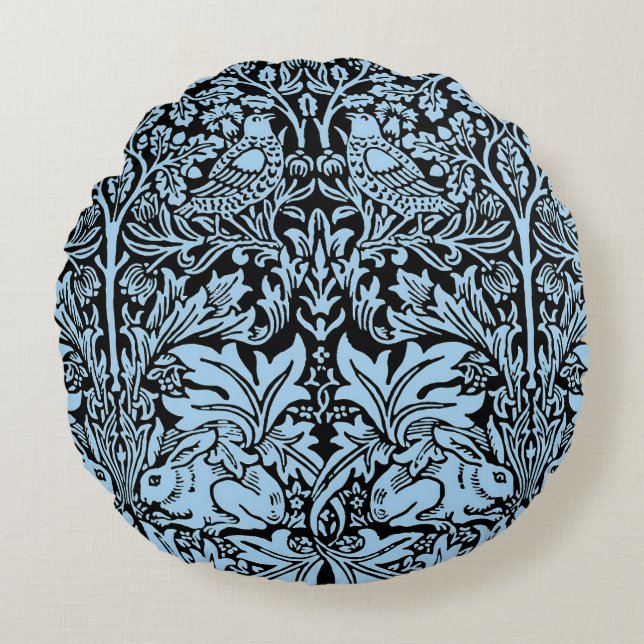 William Morris Brother Rabbit Light Blue Black Round Cushion (Front)