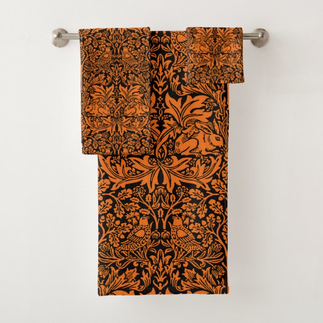 William Morris Brother Rabbit Rust Black Pattern Bath Towel Set (Insitu)