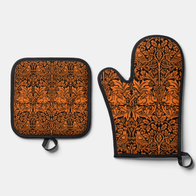 William Morris Brother Rabbit Rust Black Pattern Oven Mitt & Pot Holder Set (Front)