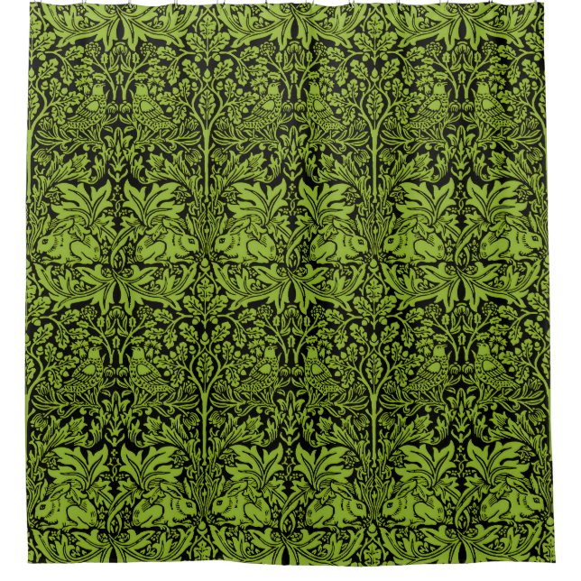 William Morris Brother Rabbit Sage Green Black Shower Curtain (Front)