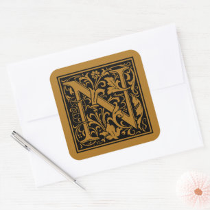 William Morris Capital Letter N Matte Antique Gold Square Sticker