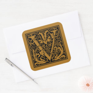 William Morris Capital Letter V Matte Antique Gold Square Sticker