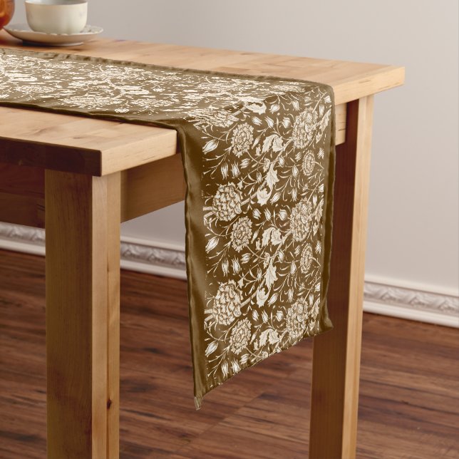 William Morris Carnation Print, Chocolate Brown  Long Table Runner (In Situ)