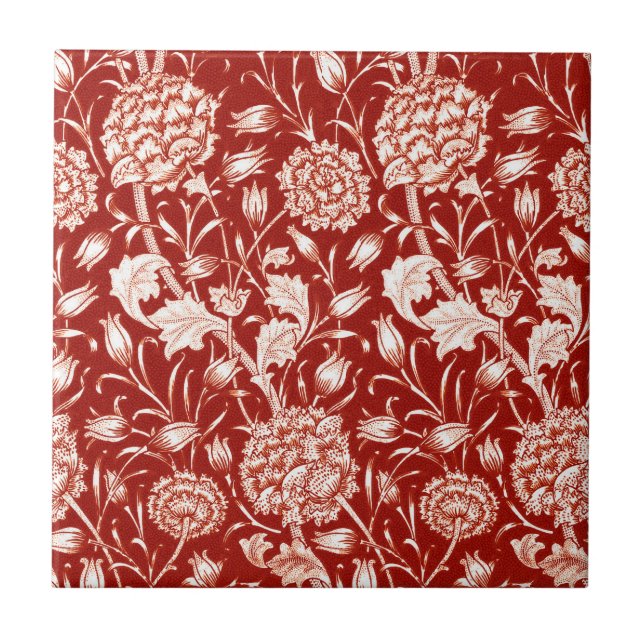 William Morris Carnation Print, Deep Red and White Ceramic Tile (Front)
