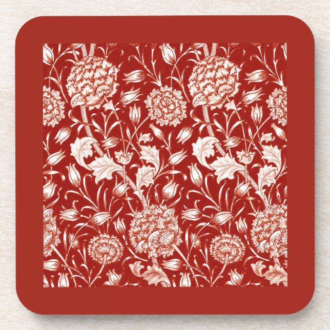 William Morris Carnation Print, Deep Red and White Coaster (Front)