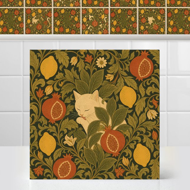 William Morris Cat Citrus Tapestry Fruit Pattern Ceramic Tile (Antique Art Nouveau William Morris Cat Citrus Fruit Pattern Tapestry Ceramic Tile Mural)