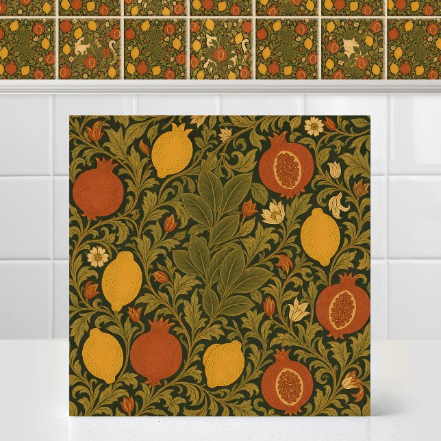 William Morris Cat Fruit Citrus Matching Pattern Ceramic Tile (Antique Art Nouveau William Morris Cat Citrus Fruit Pattern Tapestry Ceramic Tile Mural)
