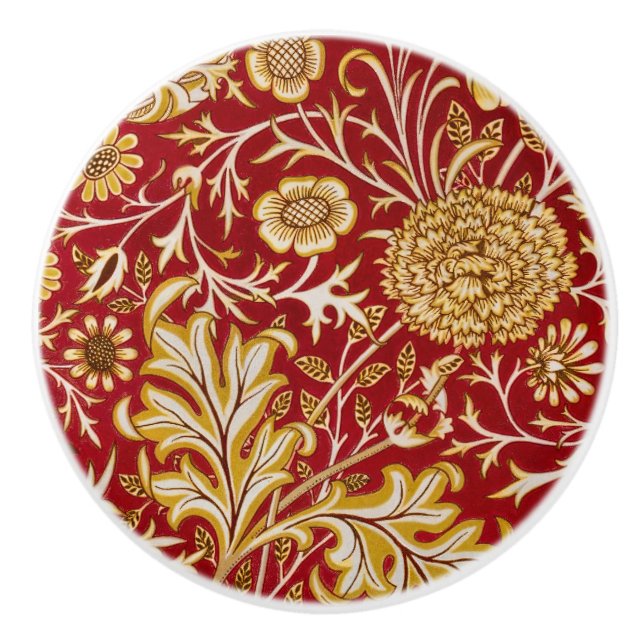 William Morris Cherwell Floral Pattern Red Ceramic Knob (Front)