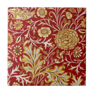 William Morris Cherwell Floral Pattern Red Ceramic Tile