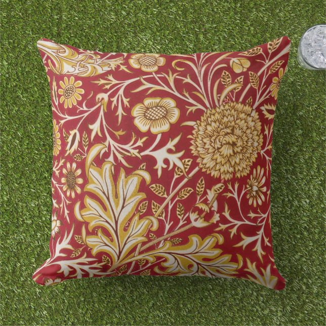 William Morris Cherwell Floral Pattern Red Cushion (Grass)