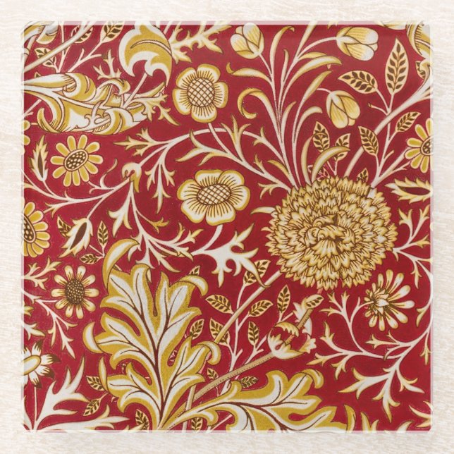 William Morris Cherwell Floral Pattern Red Glass Coaster (Front)