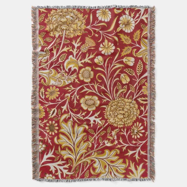 William Morris Cherwell Floral Pattern Red Throw Blanket (Front Vertical)