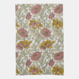 William Morris Chrysanthemum Floral Red Golden Tea Towel