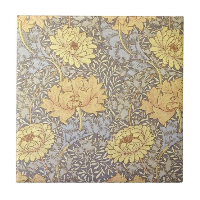 William Morris Chrysanthemum Mum Flowers Tile (Front)
