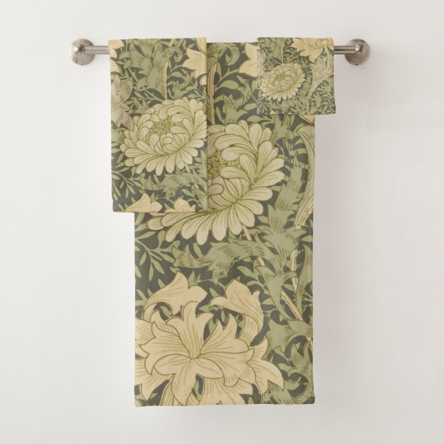 William Morris Chrysanthemum Sage Flower Bath Towel Set (Insitu)