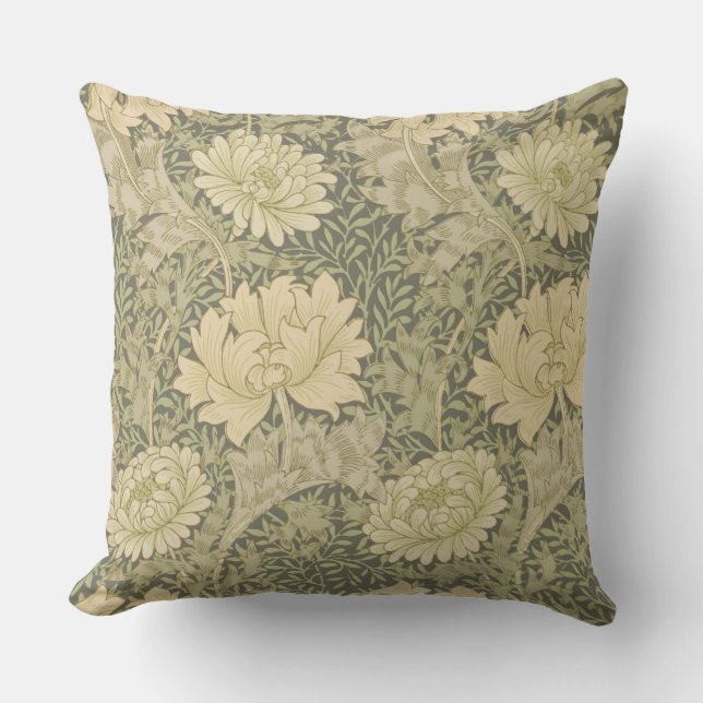William Morris Chrysanthemum Sage Flower Cushion (Front)